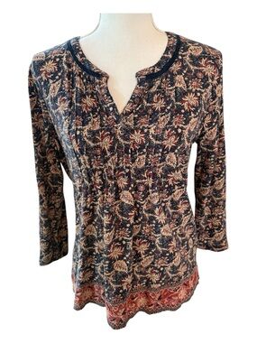Lucky Brand Navy Floral Boho Peasant Long Sleeved Top.  Size L